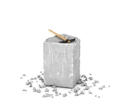 Rendering big rectangular block of gray rock, its chips and pick isolated on Stock Illustration