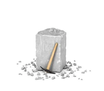 Rendering big rectangular block of gray rock, its chips and pick isolated on Stock Illustration