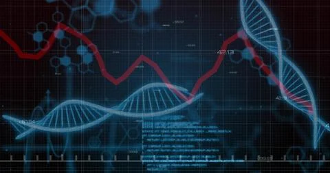 Rendering blue DNA helices on grid display, with hexagon icons, red graph, nu Stock-Illustration