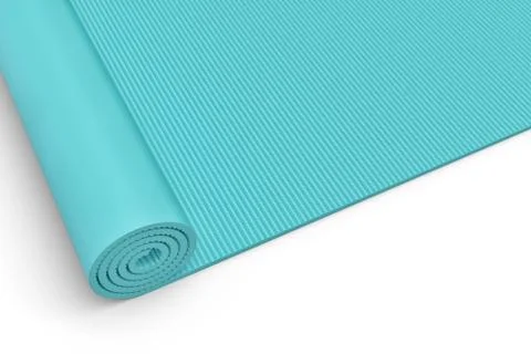 Rendering of blue half rolled yoga mat close up on white background Stock Illustration