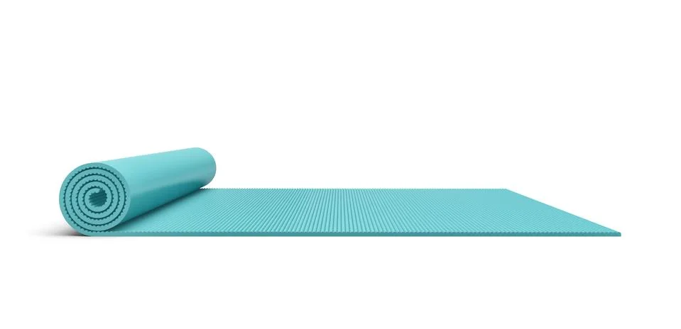 Rendering of blue half rolled yoga mat isolated on white background Ilustración de archivo