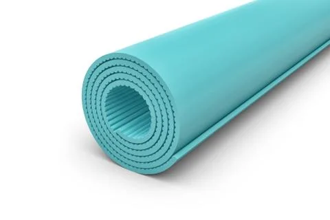 Rendering of blue rolled yoga mat on white background Stock Illustration