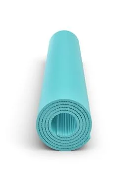 Rendering of blue rolled up yoga mat on white background Stock Illustration