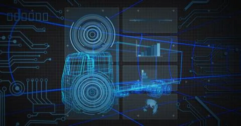 Rendering blue wireframe semi-truck cab with trailer on dark grid, showing data Stock Illustration