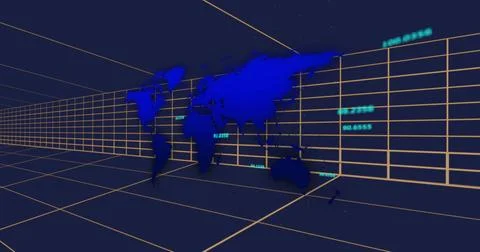 Rendering blue world map silhouette against receding grid in virtual data grid, Stock Illustration