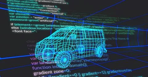 Rendering bright cyan 3D van wireframe in modeling interface with code axis Stock Photos