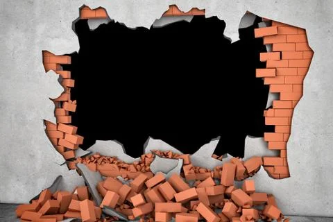 Rendering broken wall with black hole and pile of rusty red bricks beneath Stock Illustration