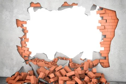 Rendering broken wall with white hole and pile of rusty red bricks beneath Free Stock Illustration