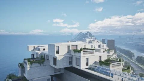 A rendering of a building with plants growing out of it Ilustración de archivo