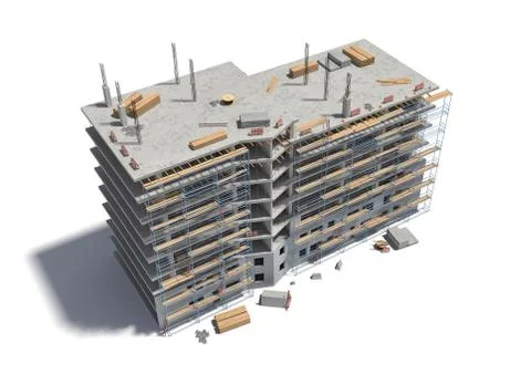 Rendering of building under construction with scaffolding and different Stock Illustration