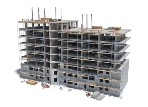 Rendering of building under construction with scaffolding and different Illustrazione stock