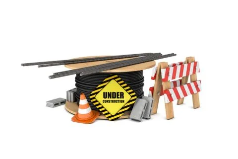 Rendering of cable drum with under construction sign, metal bars, wooden barrier Stock Illustration