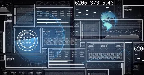 Rendering centered dashboard showing stacked panes, ring HUD, globe, waveform Stock Illustration