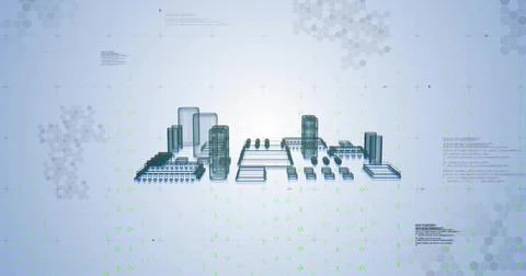 Rendering central 3D wireframe city on pale background showing cylindrical Illustrazione stock