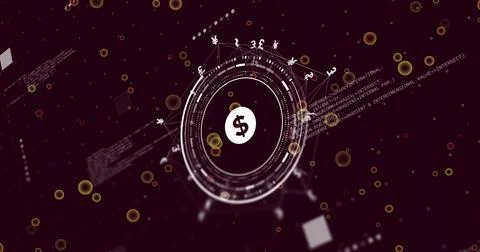 Rendering central circular HUD cycling data on burgundy dashboard, with coin and Stock Illustration