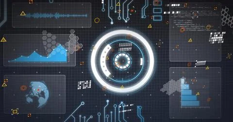 Rendering central circular HUD reticle glowing over dark blue grid, with Illustration