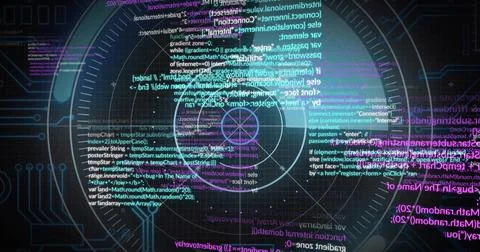 Rendering central circular HUD with rings and crosshair at console, overlaying Ilustración de archivo