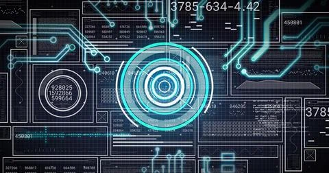 Rendering central concentric HUD rotating over dark grid dashboard, displaying Stock Illustration