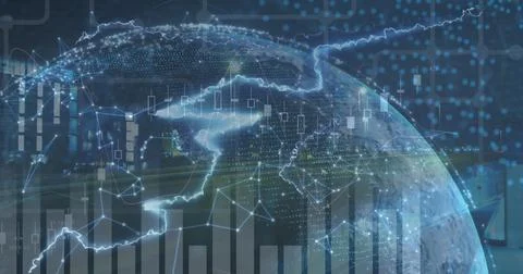 Rendering central digital globe in network UI, with glowing data nodes, binary 스톡 사진