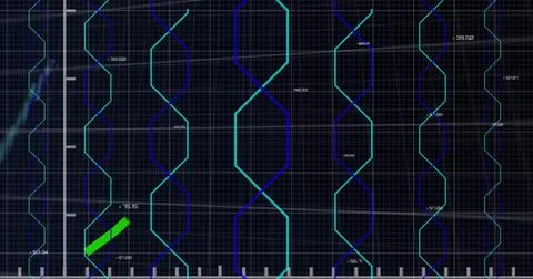Rendering central double-helix column on grid display, showing rulers, hex Stock Photos