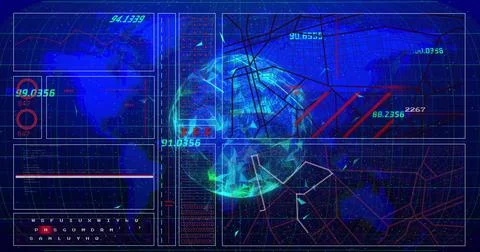 Rendering central low-poly globe rotating on digital dashboard, with HUD panels, 스톡 사진