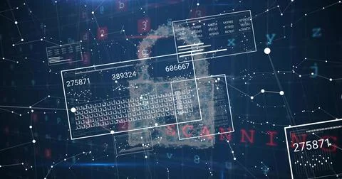 Rendering central map-like particle cluster on virtual network dashboard, Stock Photos