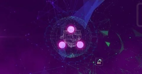 Rendering central mesh sphere with glowing magenta discs in virtual space, Stock Photos