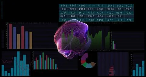 Rendering central wireframe mesh pulsing on dashboard, with data-table, bar and Stock Illustration