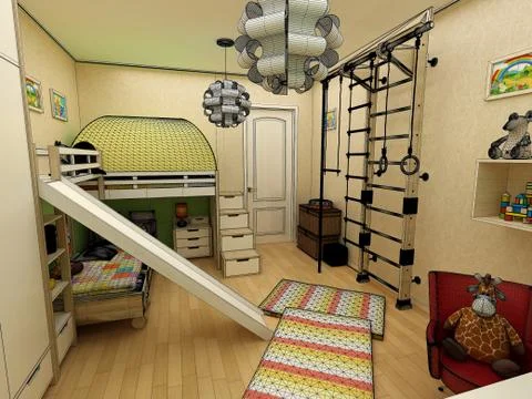 Rendering - children room with two beds Stock Illustration