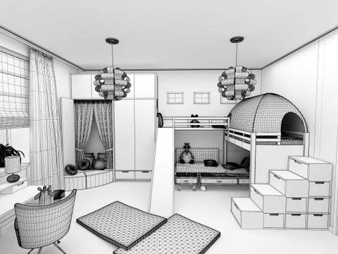 Rendering - children room with two beds Stock Illustration