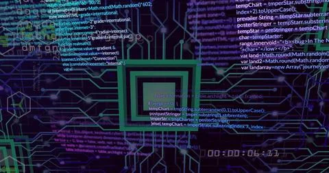 Rendering circuit traces glowing on dark screen with green square motif, code Stock Illustration