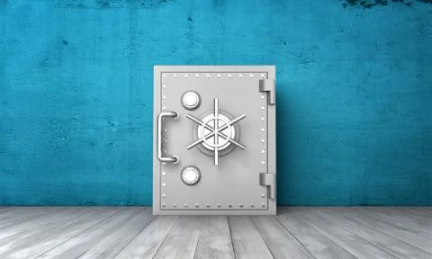 Rendering closed safe box on background of blue wall and grey wood floor イラスト素材
