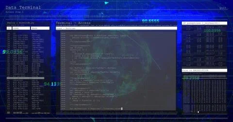 Rendering code editor over globe in terminal, with security panels, neon Stock Illustration