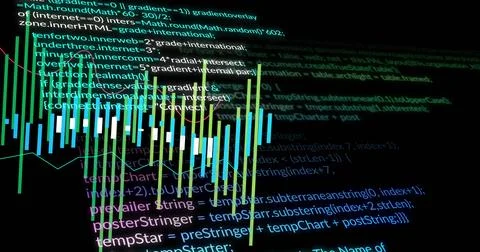 Rendering colorful candlestick chart overlaying neon source code on tilted Stock Illustration
