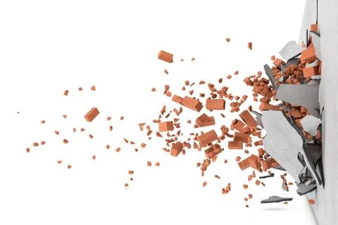 Rendering of concrete broken wall with rusty red bricks and their pieces flying Stock Illustration