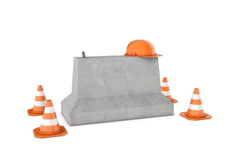 Rendering of construction cones, orange helmet and concrete barrier, isolated on Stock Illustration