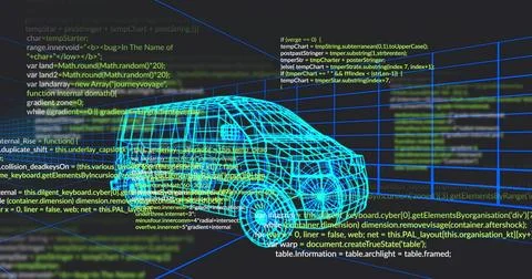 Rendering cyan 3D car wireframe hovering in dark workspace, showing blue grid Foto stock