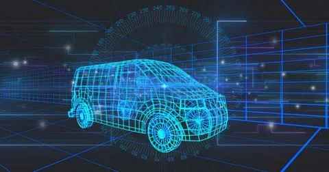 Rendering cyan blue wireframe van model rotating in virtual CAD environment, Stock Illustration