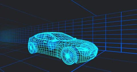 Rendering cyan wireframe sedan centered, showing polygon mesh in grid corridor Stock Photos