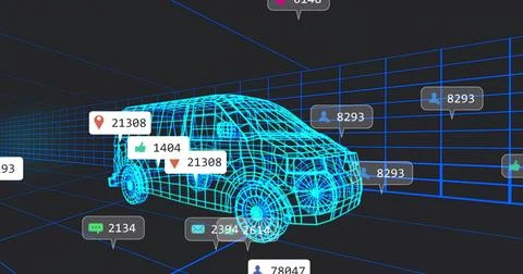 Rendering cyan wireframe SUV rotating in virtual grid space, showcasing floating Stockillustratie