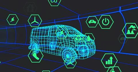 Rendering cyan wireframe van model inside virtual tunnel corridor, showing Stock Illustration
