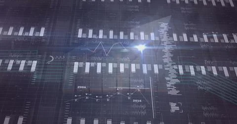Rendering dark dashboard on screen, showcasing charts graphs axes labels data Stock Illustration
