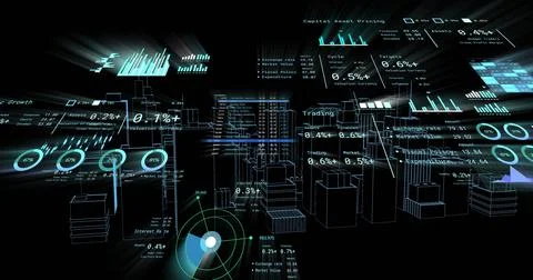 Rendering dark scene showing 3D wireframe city with holographic charts and Stock Illustration