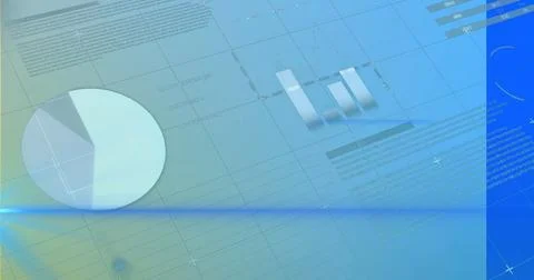 Rendering dashboard on teal backdrop: pie chart, 3D bars, fragments, grid lines, Foto stock