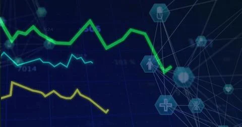 Rendering dashboard visualizing trend lines on dark blue grid, with Stock Photos