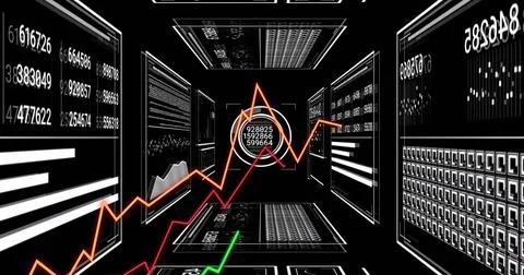 Rendering data tunnel on black with panels orange trend green marker circled Illustrazione stock