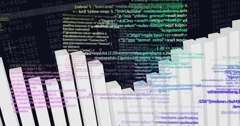 Rendering data visualization in grid, with white 3D bars colored code snippets Stock Illustration