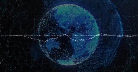 Rendering digital Earth globe in virtual network, with data points, lines, nodes Stock Illustration