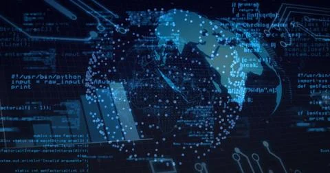 Rendering digital globe on dark grid mesh interface, with data nodes, Python and Stock Illustration