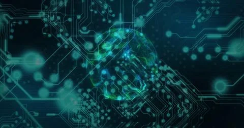 Rendering digital globe glowing with mesh facets in virtual cyberspace, with Illustrazione stock